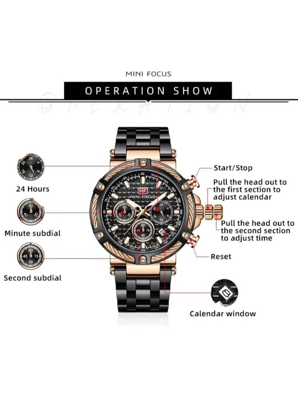 Men's Black Golden Stainless Steel Band Chronograph Waterproof Luminous Watch